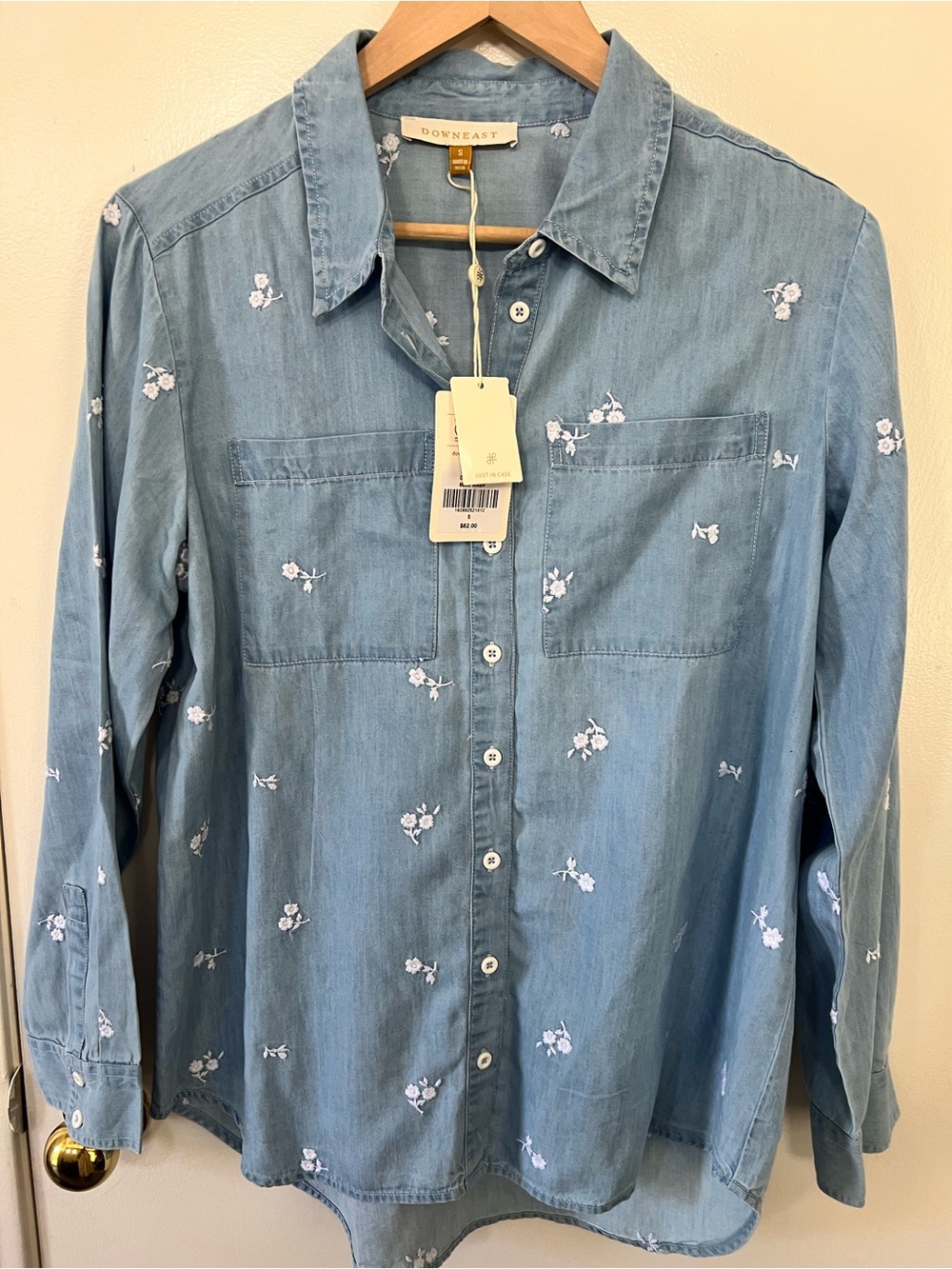 DownEast Light Blue Denim Button-Up Shirt with White Floral Embroidery